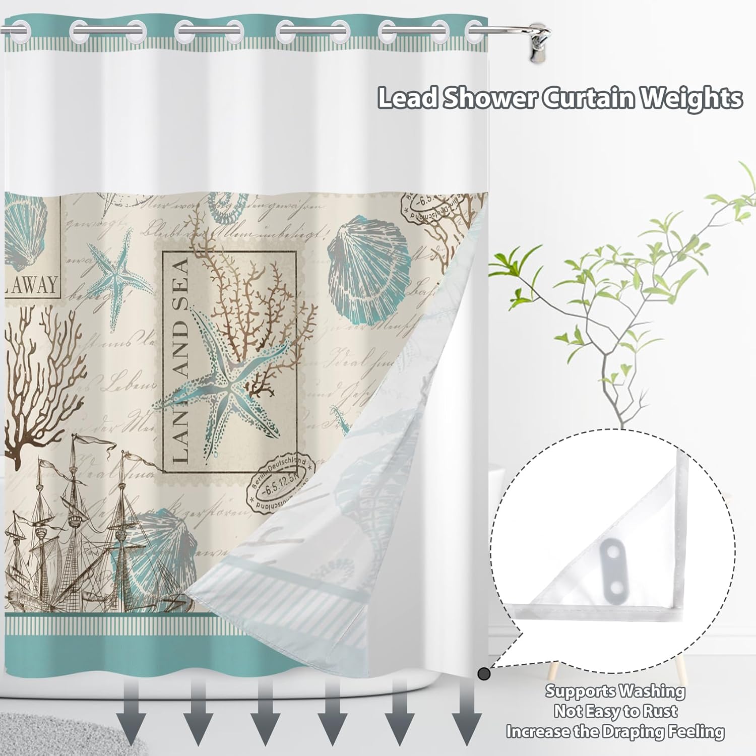 No Hook Shower Curtain,Nautical Double-Layered Shower Curtain with Snap-in Liner and Weights,Teal Blue Vintage Ocean Sea Theme Fabric Bath Curtain with See Through Mesh, 71x74in
