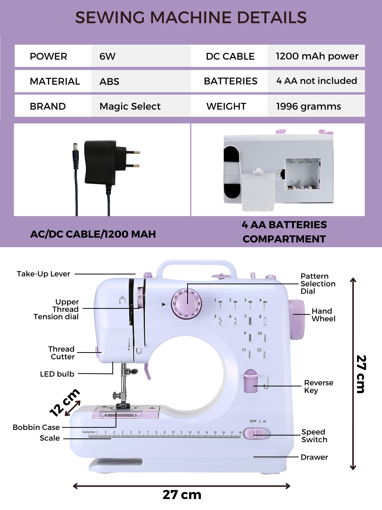 Máquina de Coser Portátil con 2 Velocidades y 12 Puntadas. Incluye Pedal, Kit de Costura, Luz de Trabajo y Cortador de Hilo. Funciona con Cable o Pilas AA (no incluidas)