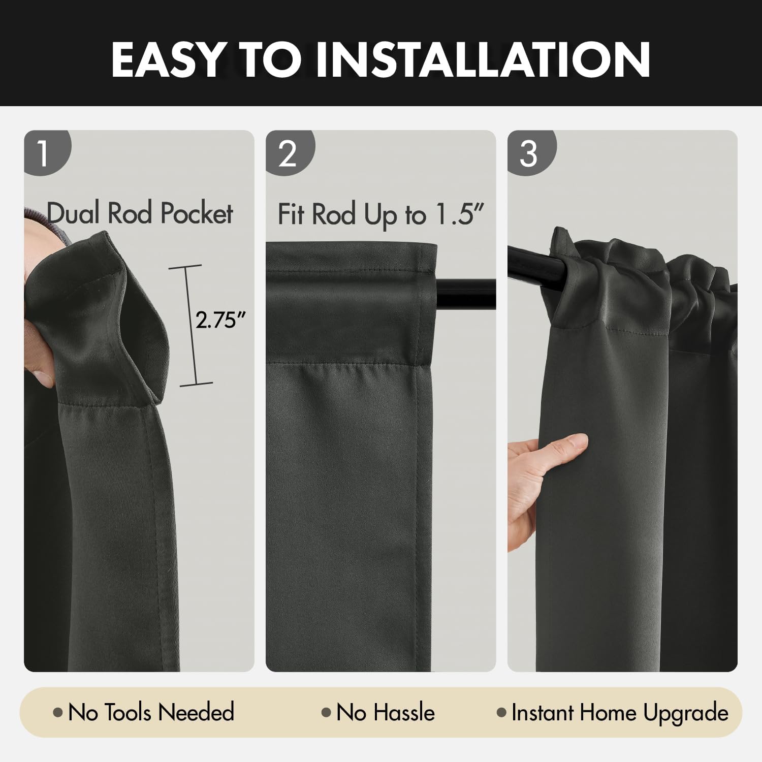 MIULEE Blackout Curtains 4 Panels Sets Dark Grey 63 Inch Length, Top and Bottom Rod Pocket Room Darkening Curtains for Bedroom Windows, 4 Pack Solid Thermal Insulated Light Blocking Curtain Drapes