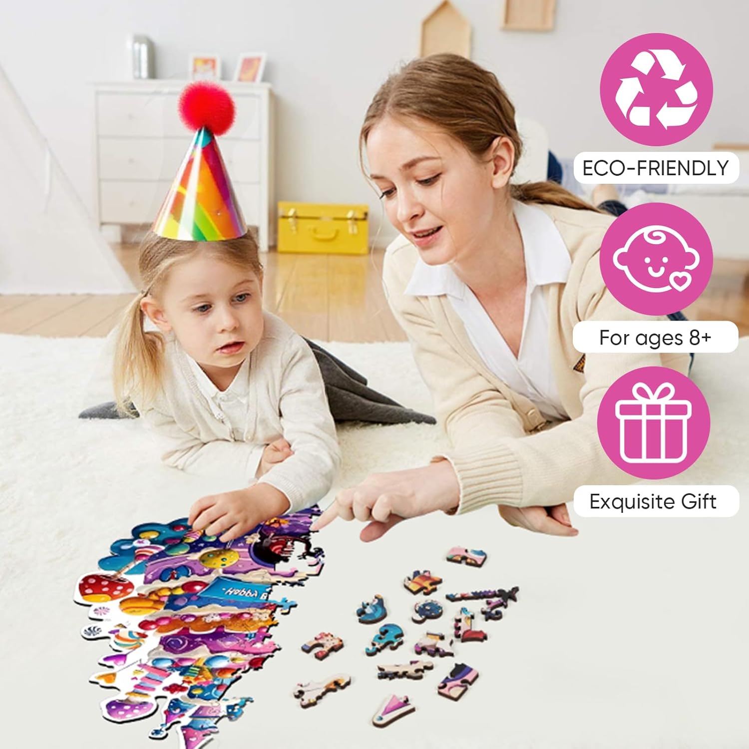 Mocfesk Birthday Cake Jigsaw Wooden Puzzles, Irregular Wooden Puzzles for Adults and Kids, Funny Party Birthday Gifts Beautiful Home Decor 16.9 x 12.8 in