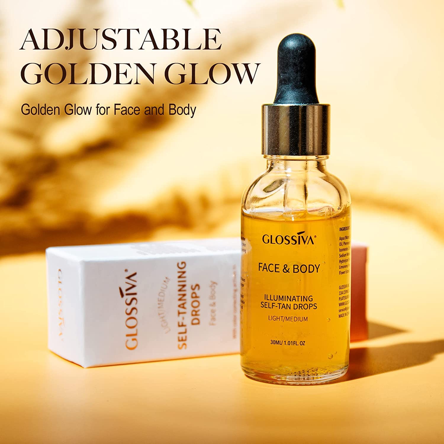 Glossiva Self Tanner drops for Face and Body Self Tanning Drops,30ml Natural Sunless Tanning drops for Perfect Golden Glow - Vegan, Friendly & Cruelty Free