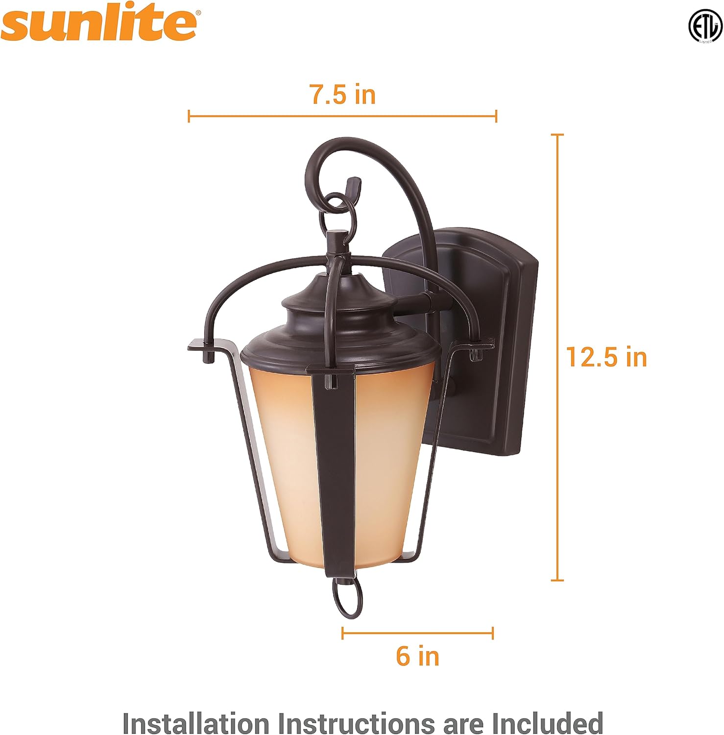 Sunlite 49025 LED 6” Outdoor Lantern Wall Mounted Light Fixture, 12 Watts (40W=), 400 Lumens, 3000K Warm White, 120 Volts, ETL Listed, Copper Bronze Finish, for Residential & Commercial Use