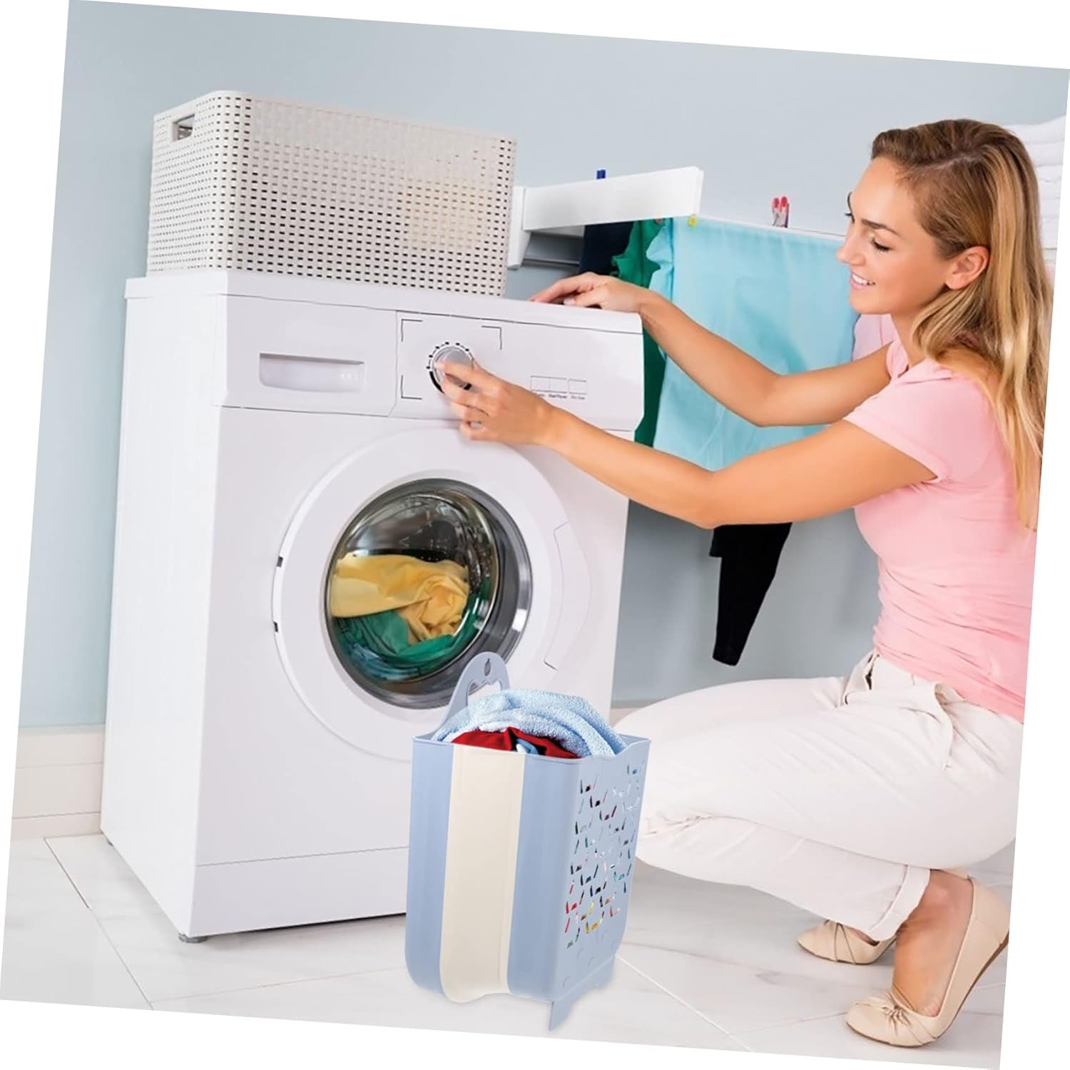 Mobestech Wall Mounted Laundry Basket with Handle Space Saving Collapsible Clothes Storage Bin for Bathroom and Bedroom Medium Gray Blue Hamper for Home Organization