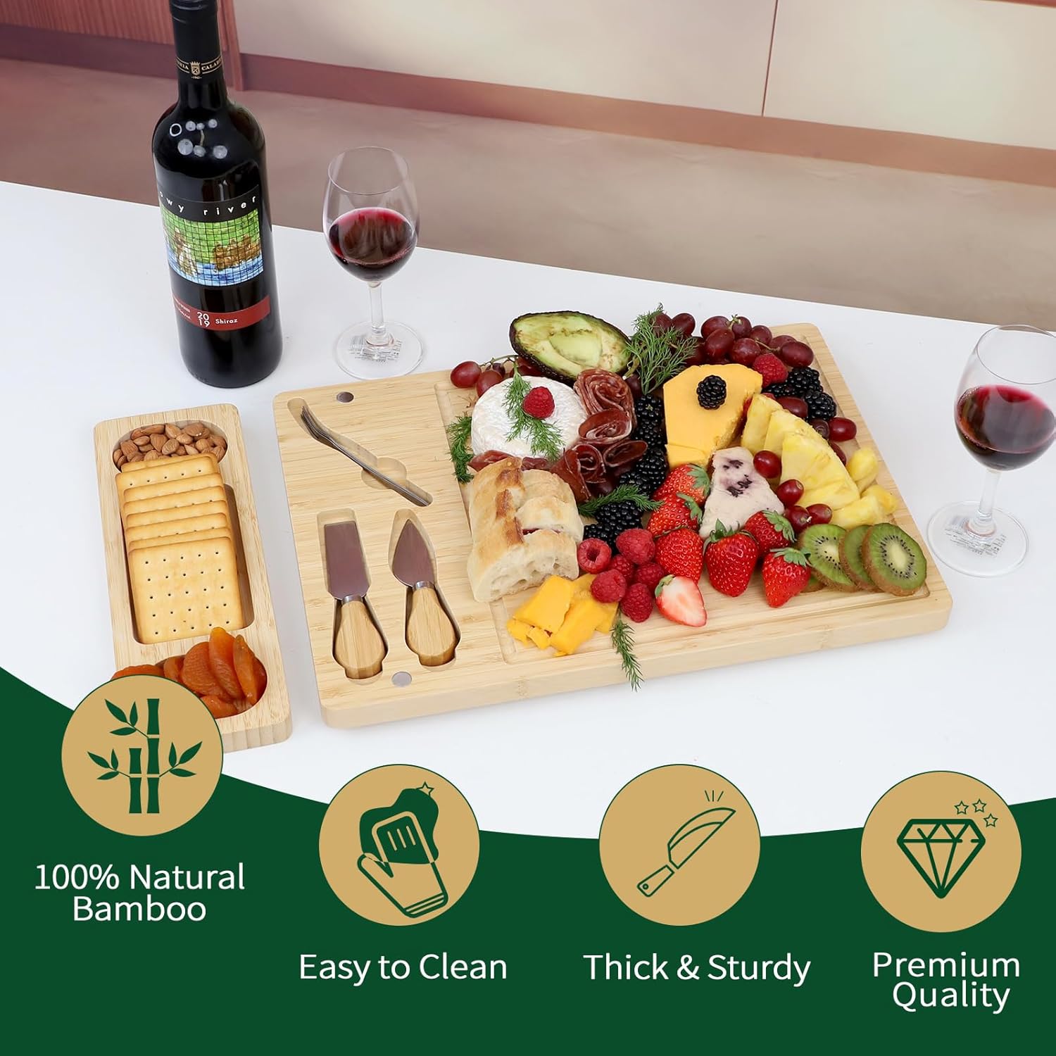 Premium Bamboo Charcuterie/Cheese Board Set – Wooden Serving Tray with Hidden Knife Storage – Cheese Knives & Forks - Perfect Bridal Shower, Housewarming, Anniversary, Mother's Day Gifts - Image 3