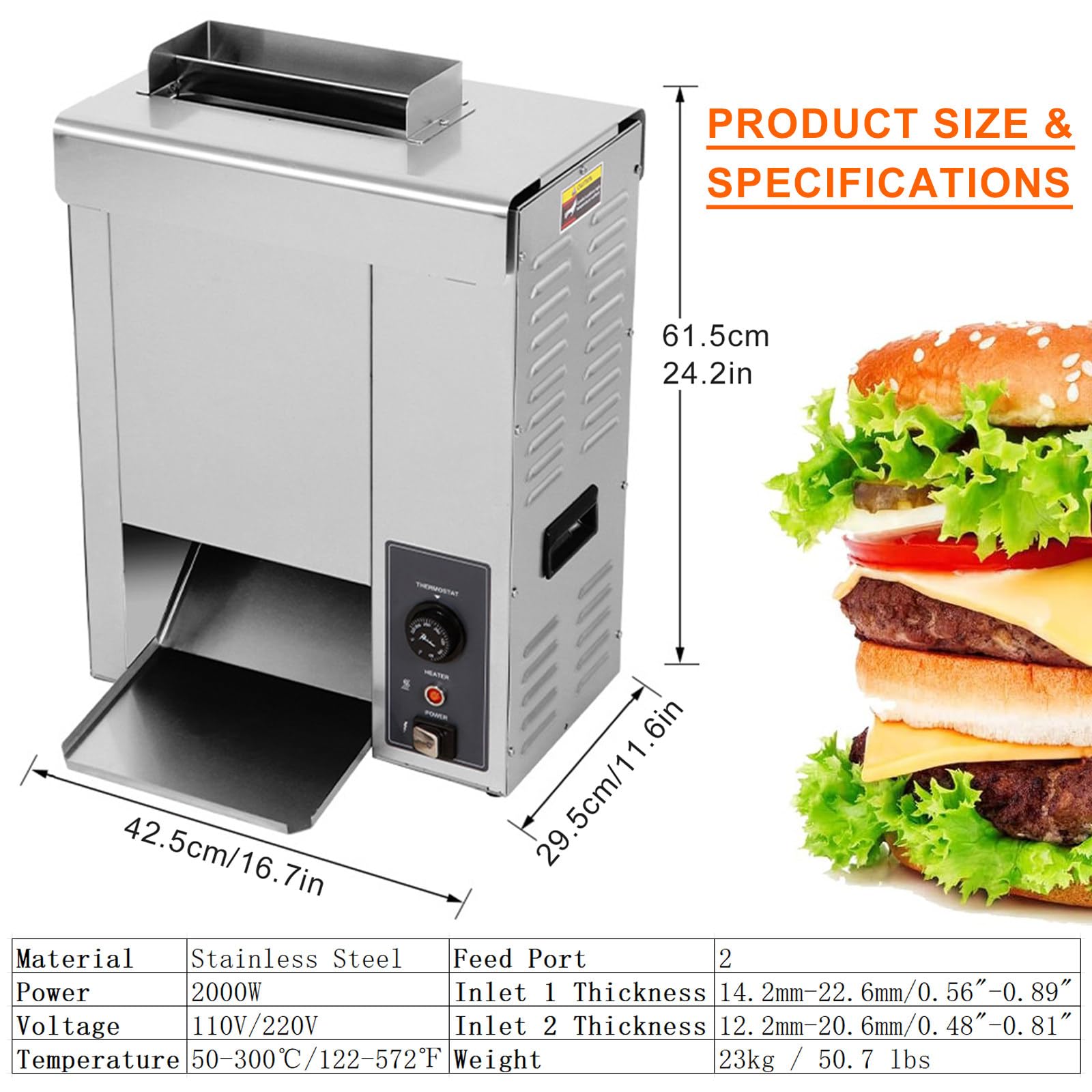 Komercyjna Maszyna do Burgerów, Toster Taśmowy, 50℃-300℃, 2000W, Elektryczna Maszyna do Pieczenia Tostów/Bułek/Chleba, Typ łańcuchowy, Regulowana Grubość