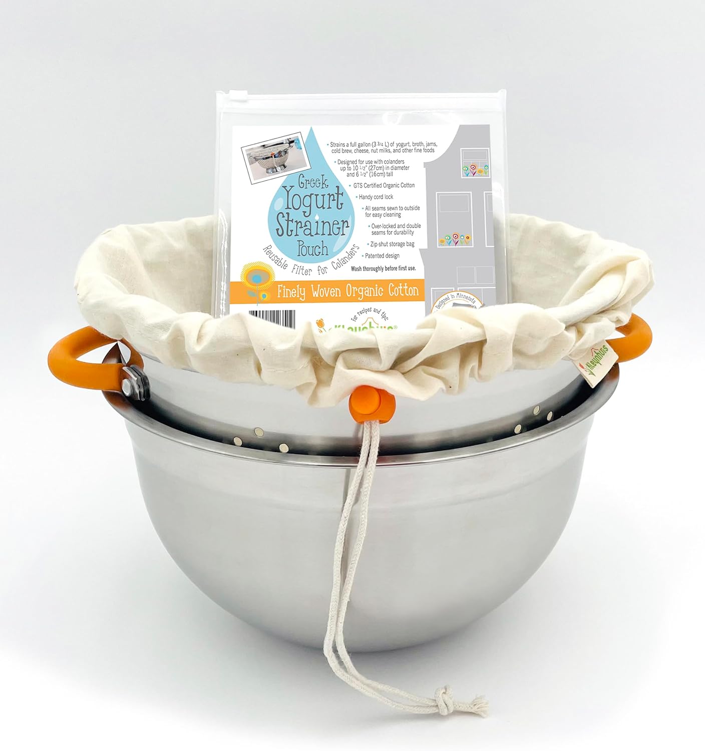 Greek Yogurt Strainer Set: Stainless Steel Colander & Bowl with Organic Cotton Strainer Pouch | Premium Greek Yogurt Maker, Large 5-Quart Size