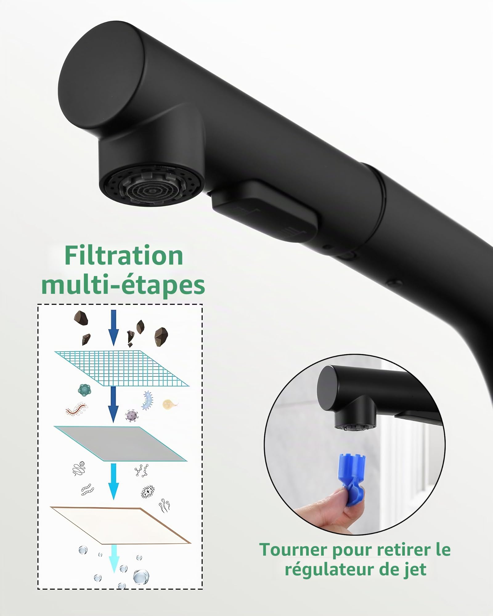 Mitigeur de cuisine extractible Baollansa, acier inoxydable, haute pression, douchette, 2 jets, pivotant 360°