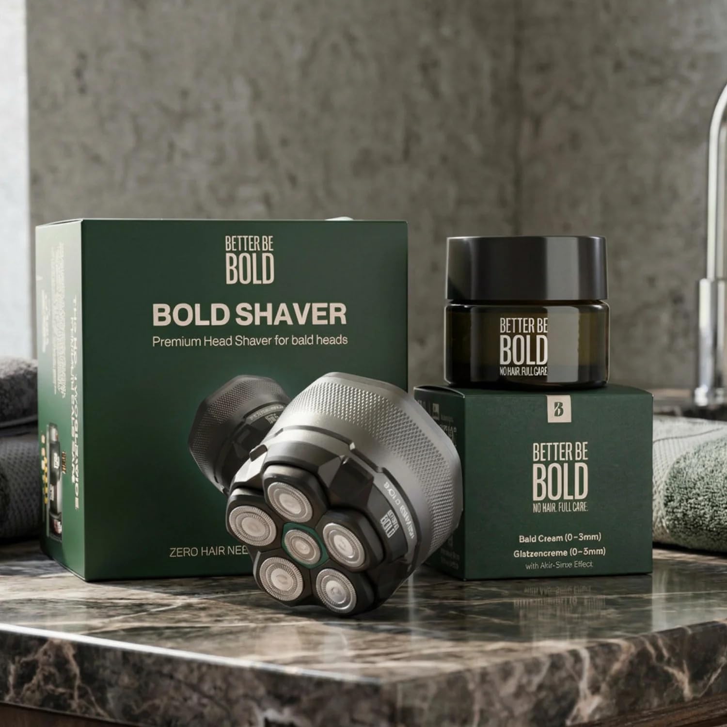 BETTER BE BOLD I "Bold Shaver Set 3.0 - Glatzenrasierer + After Shave Glatzenpflege 2.0 I Set gegen Glanz, Pigmentflecken & Trockenheit – Mit Glatzencreme, Glatzenpeeling, Shampoo & Aftershave