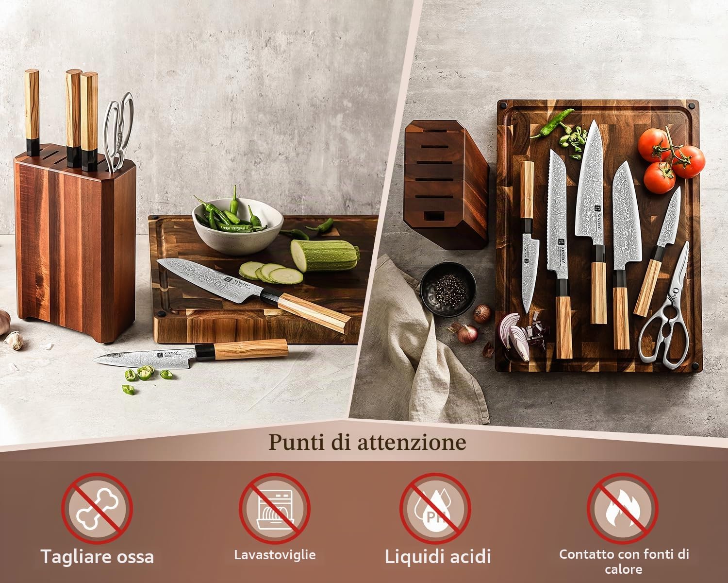 XINZUO 67 Strati in Acciaio Damasco Set Coltelli da 7 Pezzi, Portacoltelli Set di Coltello da Cuoco -Manico in Legno d'Ulivo-con Blocco Coltelli e Forbici da Cucina Multifunzione-con Scatola Regalo