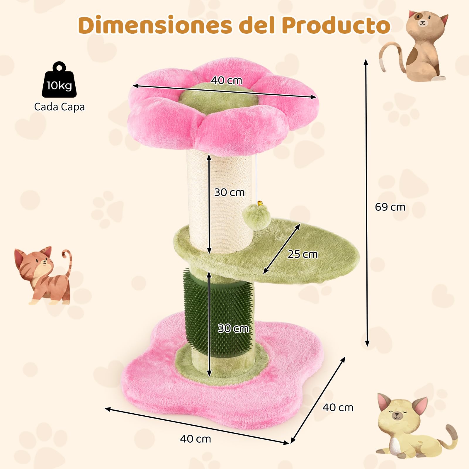 GOPLUS Árbol para Gatos de 69 CM de Altura, Pequeña Torre para Gatitos en Forma de Flor con Percha de Felpa Acolchada, Rascador de Sisal, Pelota Colgante y Cepillo, Parque para Mascotas (Rosa)