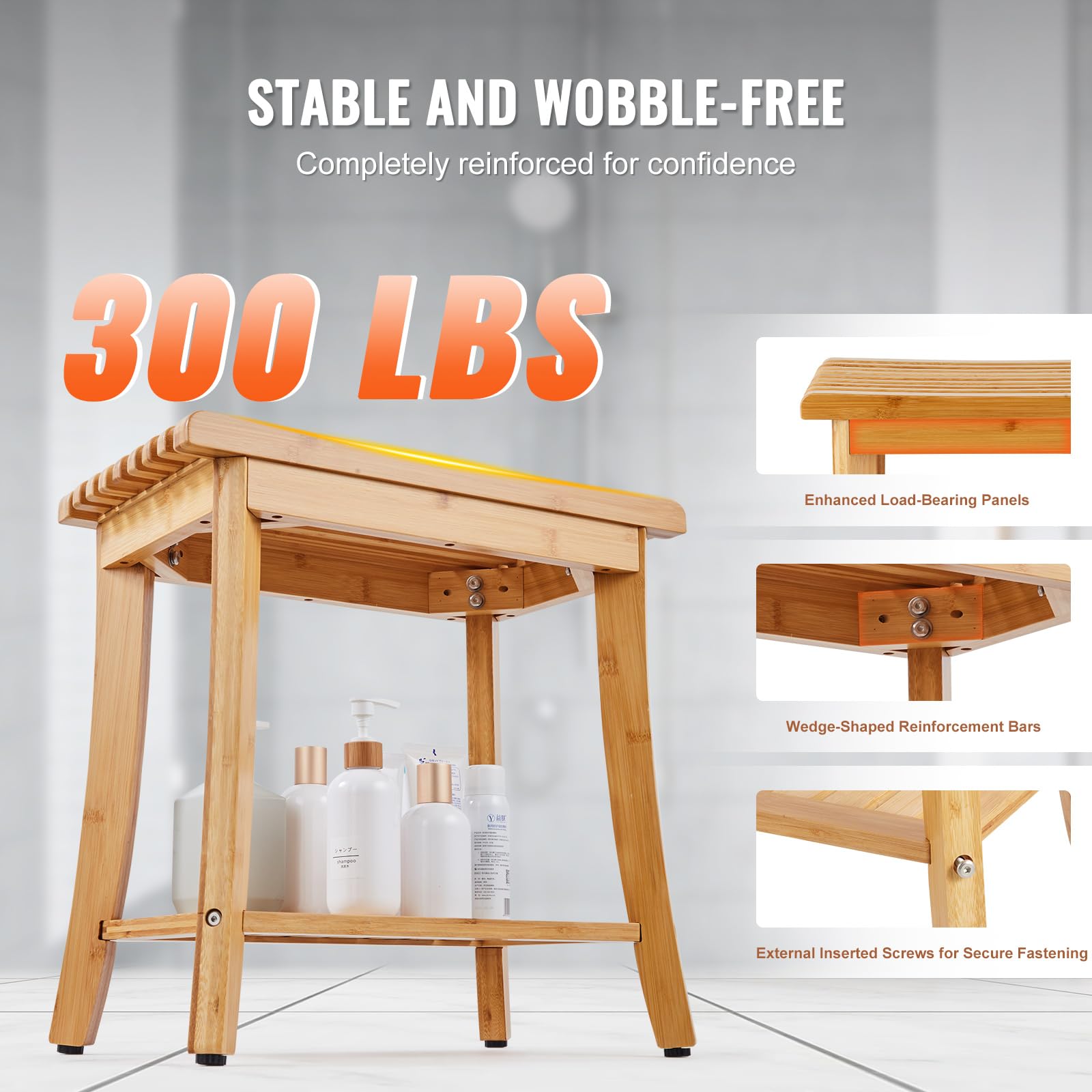 VEVOR Banc de Douche en Bambou, 485 x 288 x 465 mm, Tabouret de Douche étanche avec étagère de Rangement, capacité de 149,7 kg, pour Adultes, Personnes âgées, intérieur et extérieur, Salle de Bain