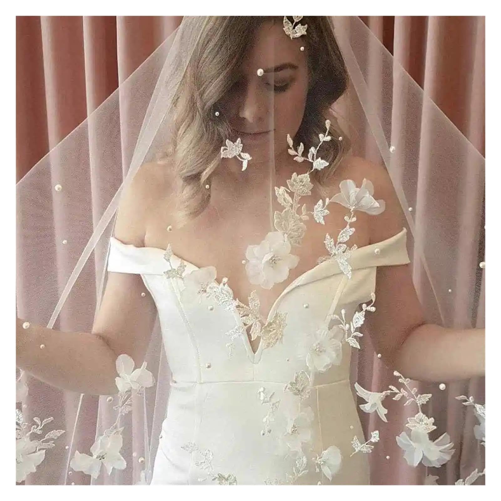 Velo da sposa con applicazioni Fiori 3D Perle Veli