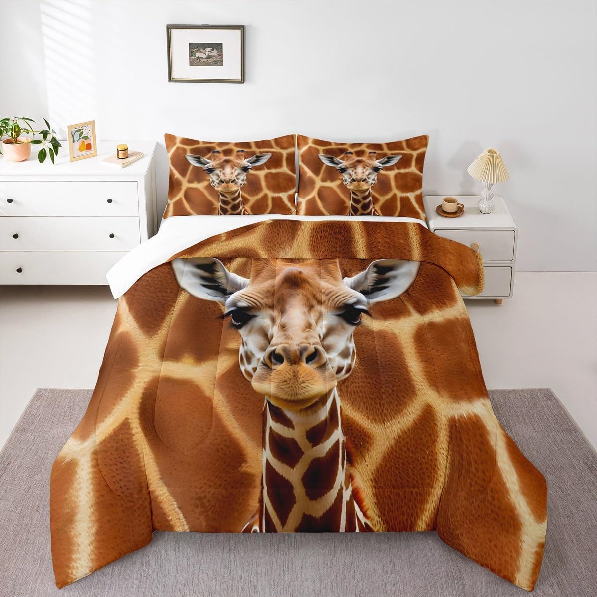 Giraffe Kids Comforter Set Full Size,Giraffe Skin Fur Texture Rustic Farmhouse Bedding Set,Boys Girls Adults Room Decor,Wild Animals Wildlife Down Comforter,Brown Retro Duvet Insert,2 Pillowcases