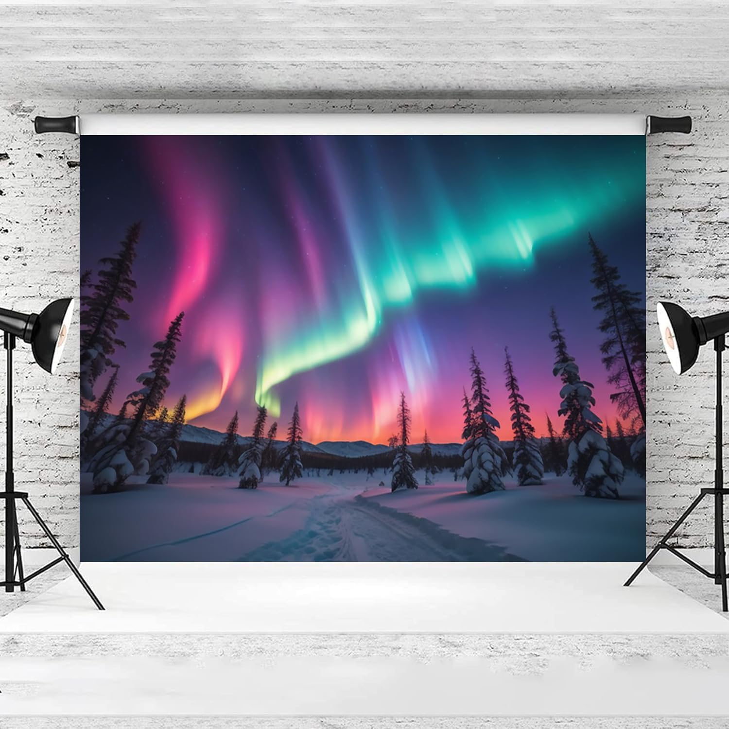CORFOTO 8x6ft Northern Lights Backdrop Winter Snow Forest Landscape Photography - View #9