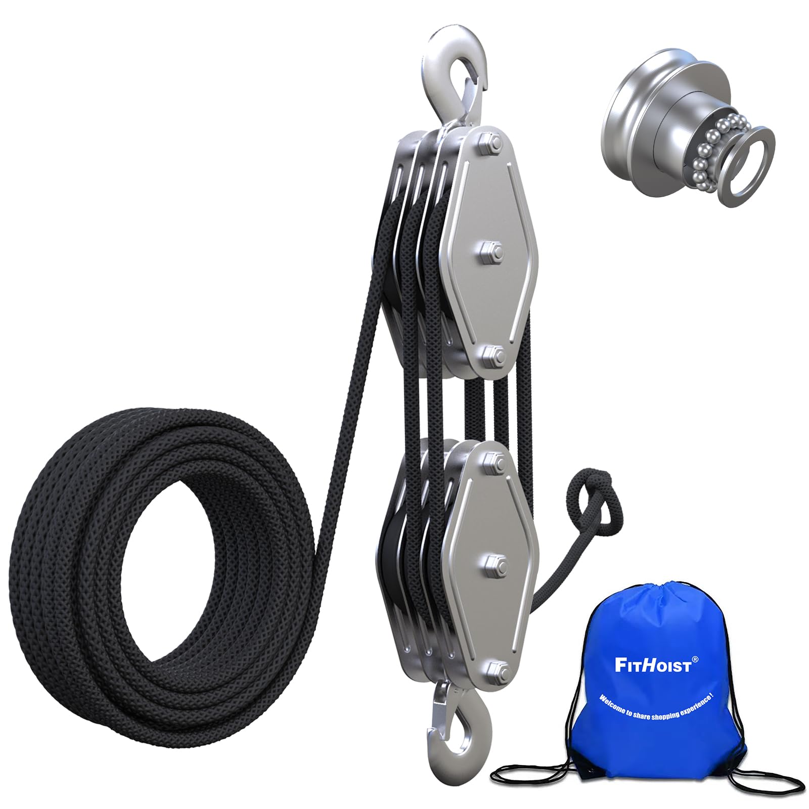 FITHOIST Block and Tackle 2200 LBS Breaking Strength Heavy Duty Pulley, 50 Ft 3/8" Rope Pulley, 5:1 Lifting Power Pulley System, Pulley Hoist for Animal Husbandry, Warehouses, Constructions(Black)