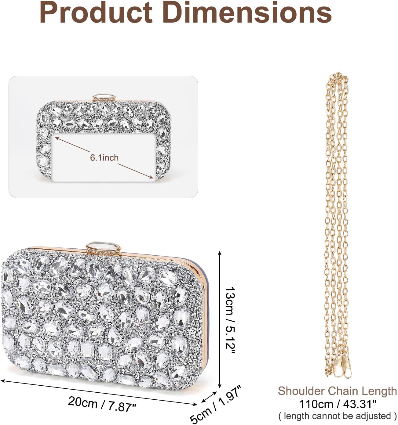 Evening Bags Clutch Purses for Women Formal, Gemstone Handbag Crystal Rhinestone Crossbody Square Bag with Chain Shoulder Bag Sparkly for Wedding Guest Party Silver - Image 3