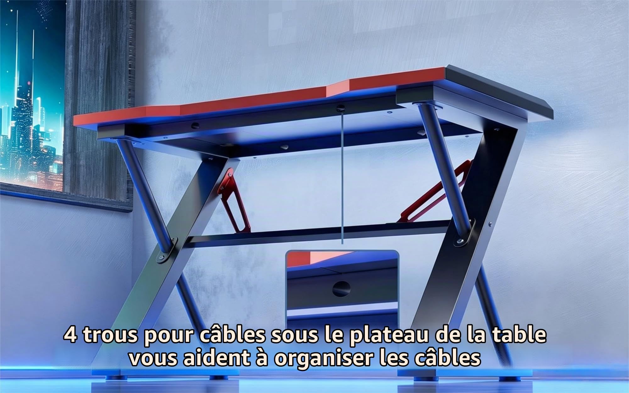 Bureau Gamer avec LED, Bureau Gamer en Forme Z Épaissie, Revêtement en Fibre de Carbone, Bureau PC Gamer Facile à Monter, Fibre de Carbone,100 * 55cm,Noir