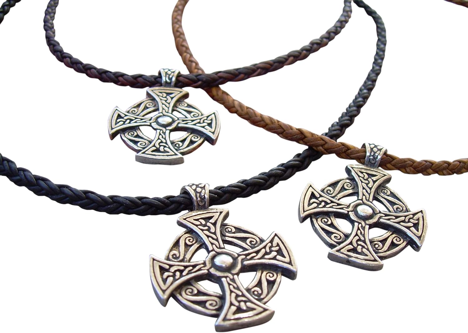 Hand Made Braided Leather Cord Chain Necklace with Round Antique Silver Toned Celtic Knot Cross Pendant - Genuine Leather Necklace for Men and Women - Available sizes: 16,18,20,22,24 inch or Custom
