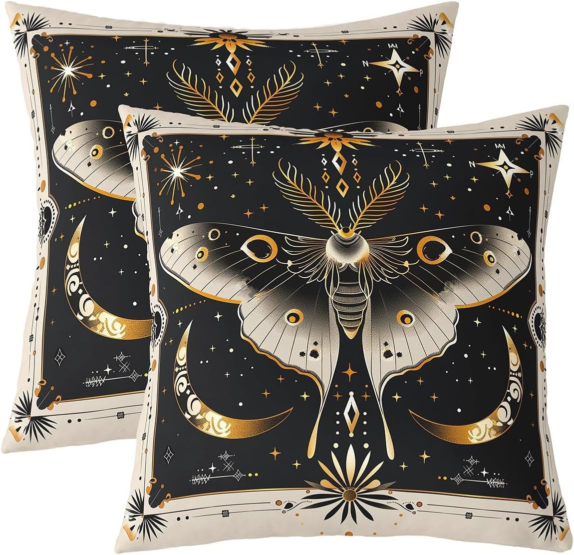 Manfei Dead Moth Pillow Case Covers 2 Pack,Gothic Butterfly Animal Boho Tribal Beige Black Pillow Covers 24"x 24" Soft Square,Exotic Golden Moon Starry Glitter Trippy Decorative Throw Pillow Covers