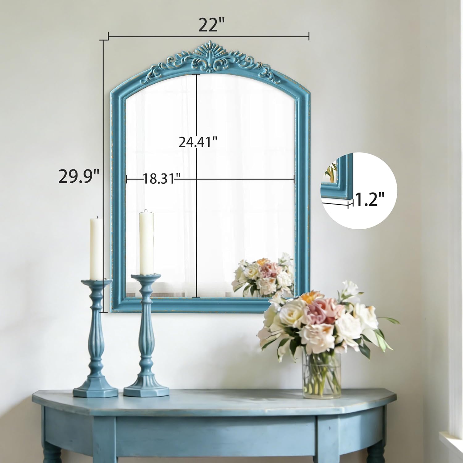 Rustic Blue Arched Wall Mirror 23 x 30 Inch, Hanging Distressed Finish Wood Frame Vintage Decorative Bathroom Mirror, Farmhouse Mirror for Living Room Bedroom Entryway