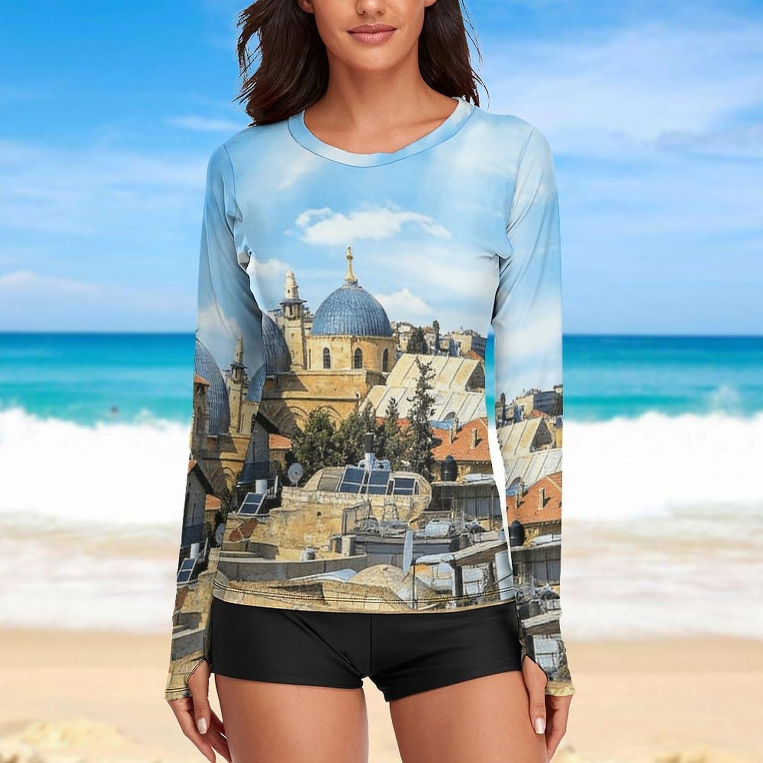 Jerusalem Old City Church Rash Guard for Women UPF 50+ UV Sun Protection | Long Sleeve Workout Top Quick Dry Athletic Hiking Shirt Moisture Wicking Swim Shirt for Running, Cycling, Swimming
