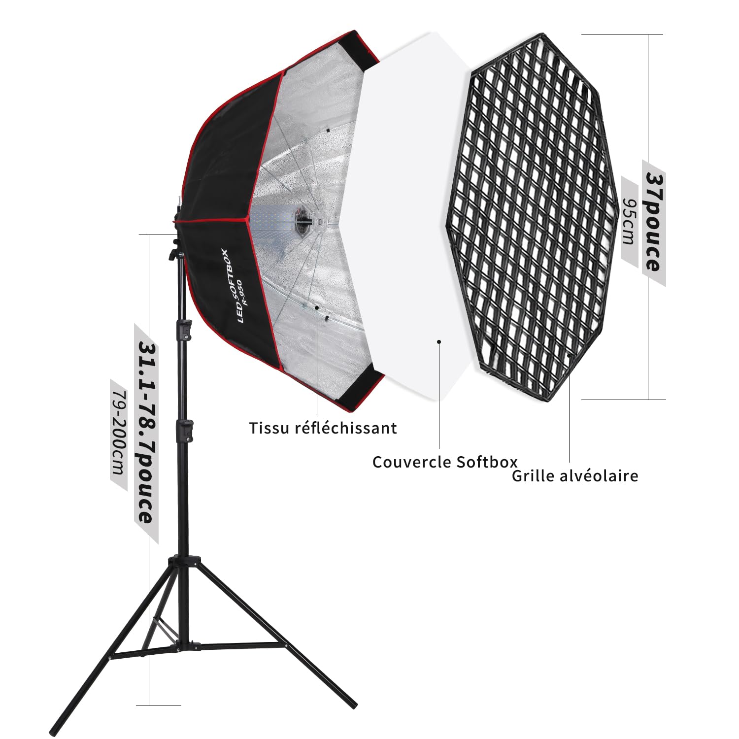 Kit de Softbox de iluminación parabólica octogonal 110 W, Softbox 95 cm con rejilla alveolar/mando a distancia, soporte para luz de estudio, grabación de vídeo, fotografía de retratos, en