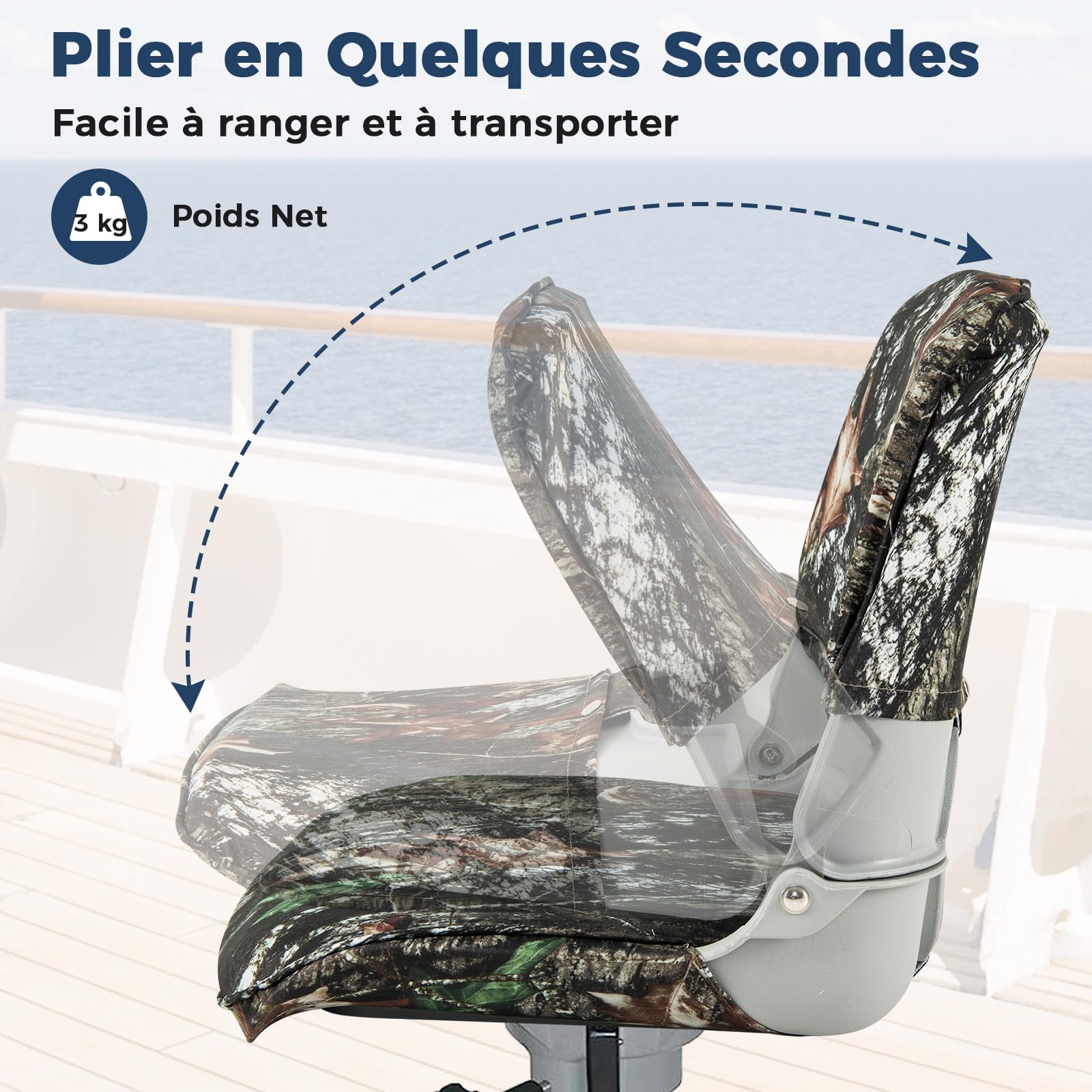 GYMAX Siège de Bateau à Dossier Bas, Siège de Bateau de Pêche Pliable avec Rembourrage en Éponge Doux, Housse en Tissu Oxford, 4 Boulons, Siège de Capitaine Imperméable, Camouflage