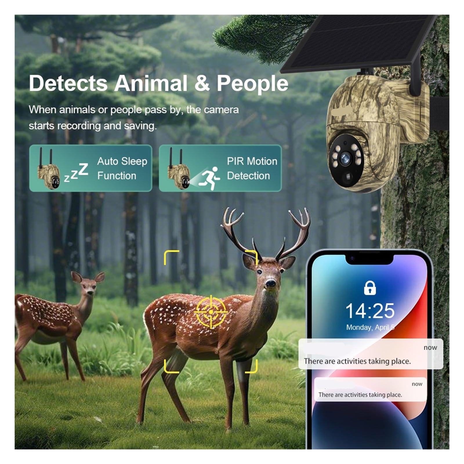 Telecamera PTZ Solare 4G WiFi 2K Sicurezza Esterna | Vista Live 360°, Corpo Mimetico, Alimentazione Batteria Per Monitoraggio Fauna Selvatica(4MP WIFI Add 128G)