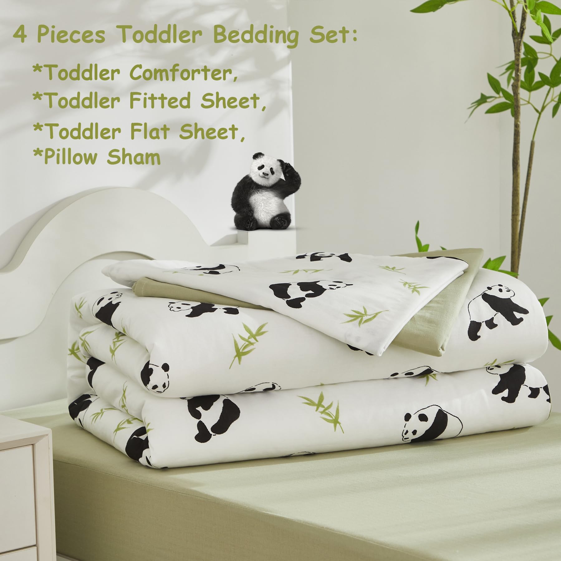 Brandream Juego de ropa de cama para niños y niñas con estampado de panda, sábana encimera, sábana bajera y funda de almohada, 4 piezas, blanco y verde