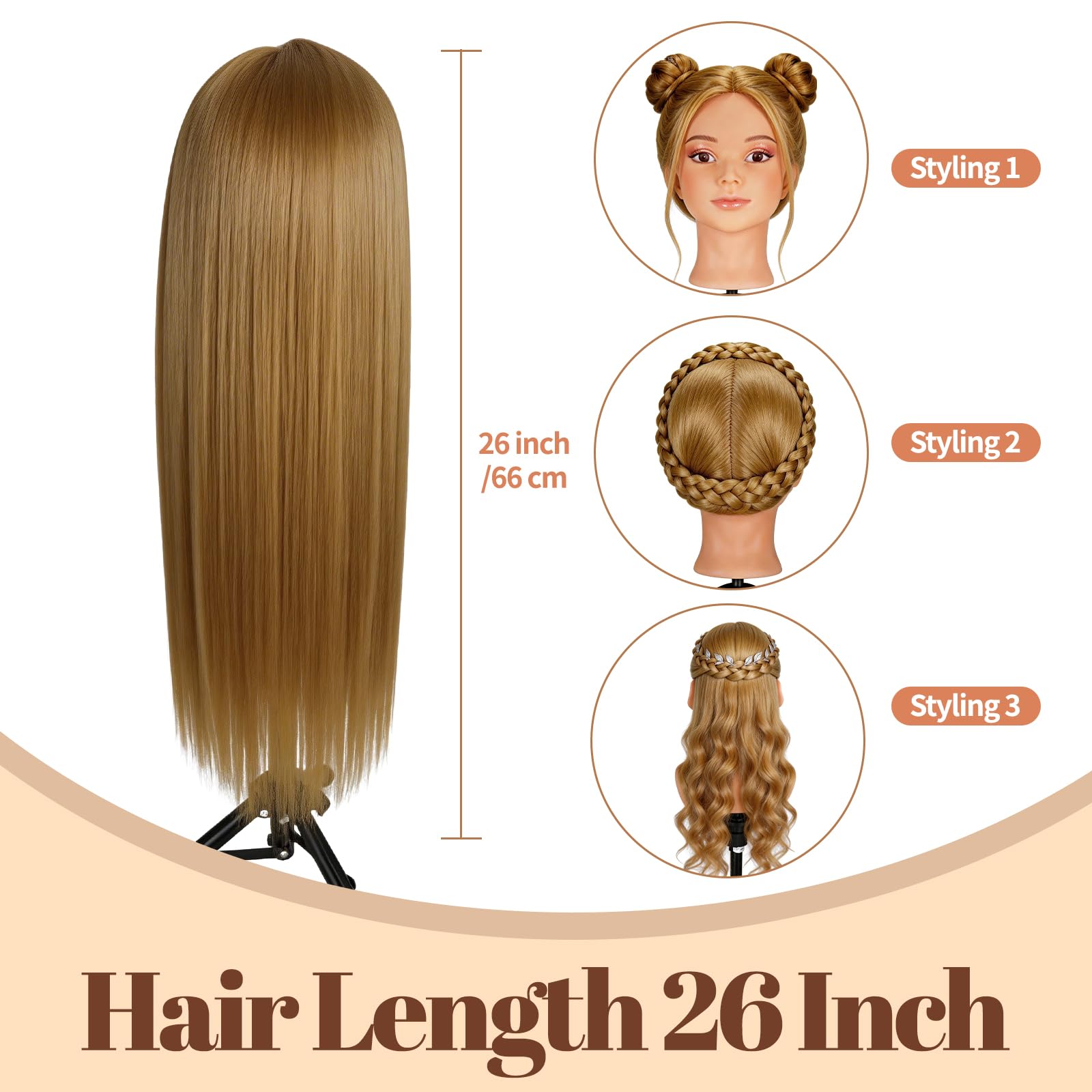 Yofuly 26Zoll/66cm Frisierkopf, 80% Echthaar Übungskopf, Make-up Frisieren Trainingsköpfe, Puppenkopf Friseur Mannequin Kopf mit Tischklemme + DIY-Zopfset (Hellbraun)