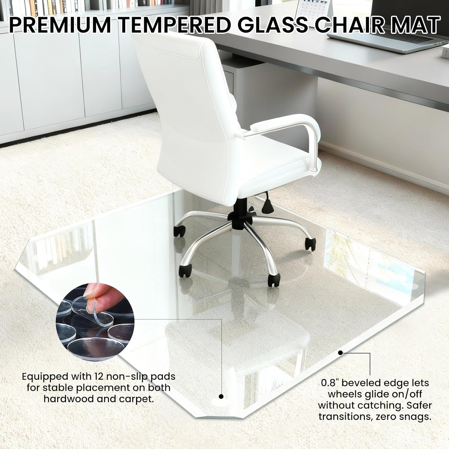 Tempered Glass Chair Mat with Patented Beveled Edge, 46”x55” 1/5" Thick Office Floor Mat for Carpet & Hardwood, w/ 12 Anti-Slip Pads