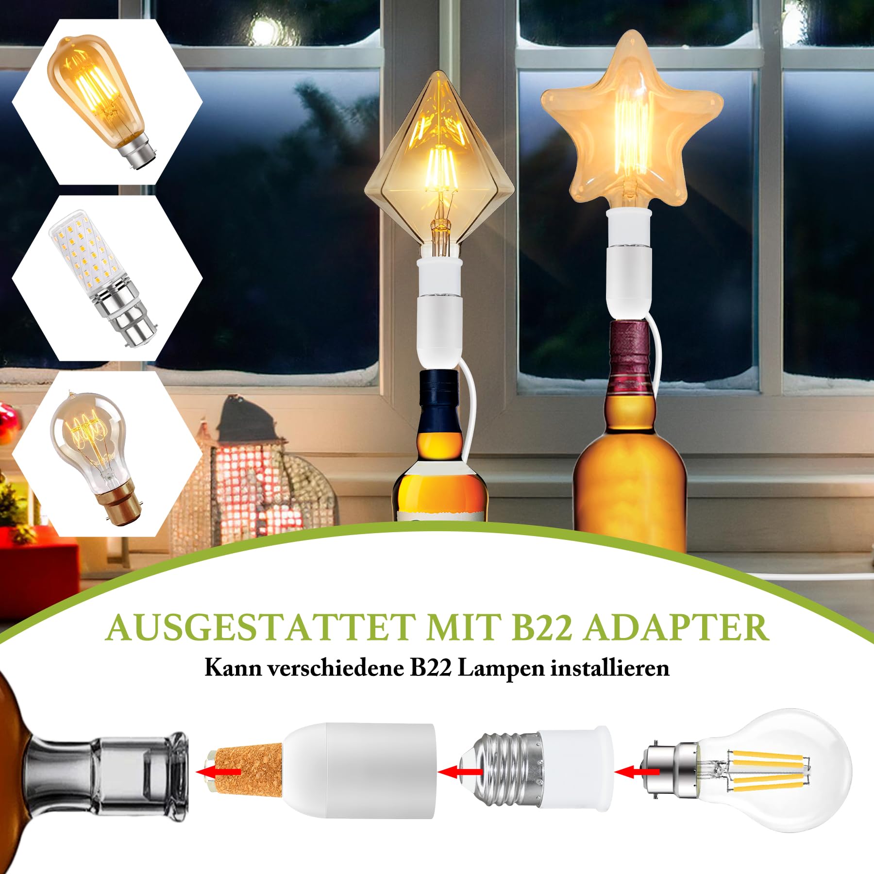 Kit Lampe De Table Pour Bouteilles De Vin - Lot De 2 Douilles E27 Avec Convertisseur B22, Câble 240 Cm, 3 Bouchons Liège