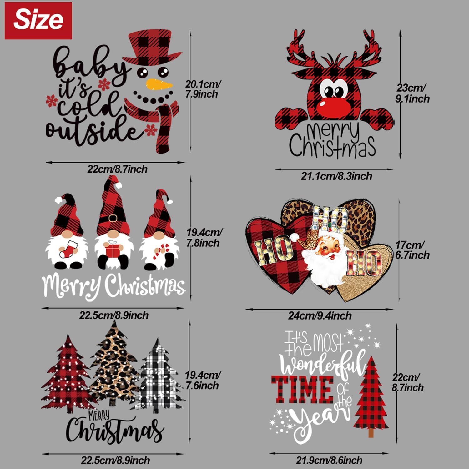 6PCS Christmas Iron On Transfers for T Shirts, Black Red Plaid Heat Transfer, Reindeer Christmas Tree Snowman Vinyl Designs for T-Shirts, Clothing, Backpack, DIY Decorations