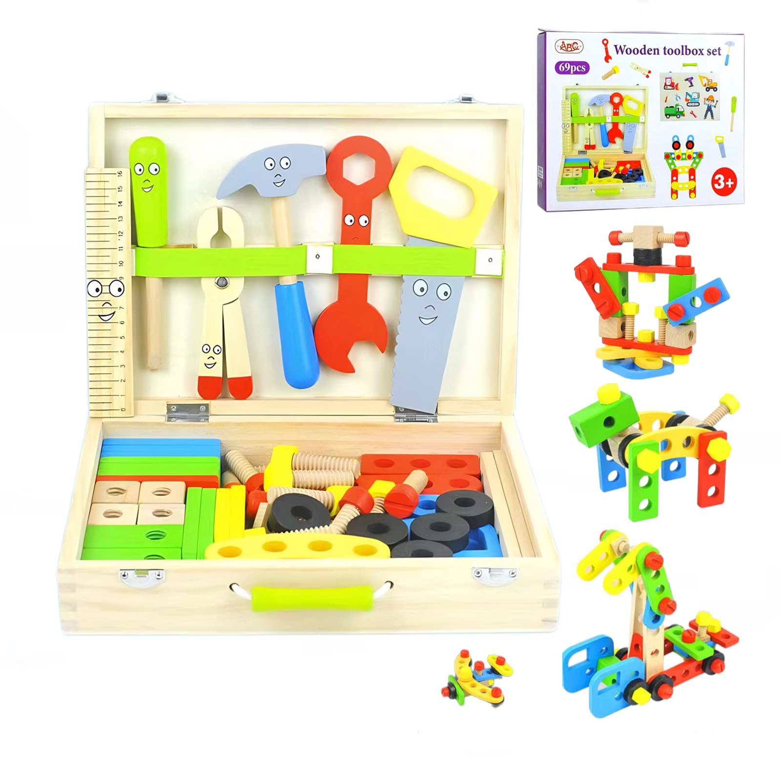 Werkzeugkoffer für Kinder mit 69-teiligem Holzwerkzeugsatz, Montessori-Spielzeug für Kleinkinder im Alter von 3, 4, 5, 6 und 7 Jahren, frühes Lernen, Kreation, Werkbank, Bauen mit Stems, Konstruktion