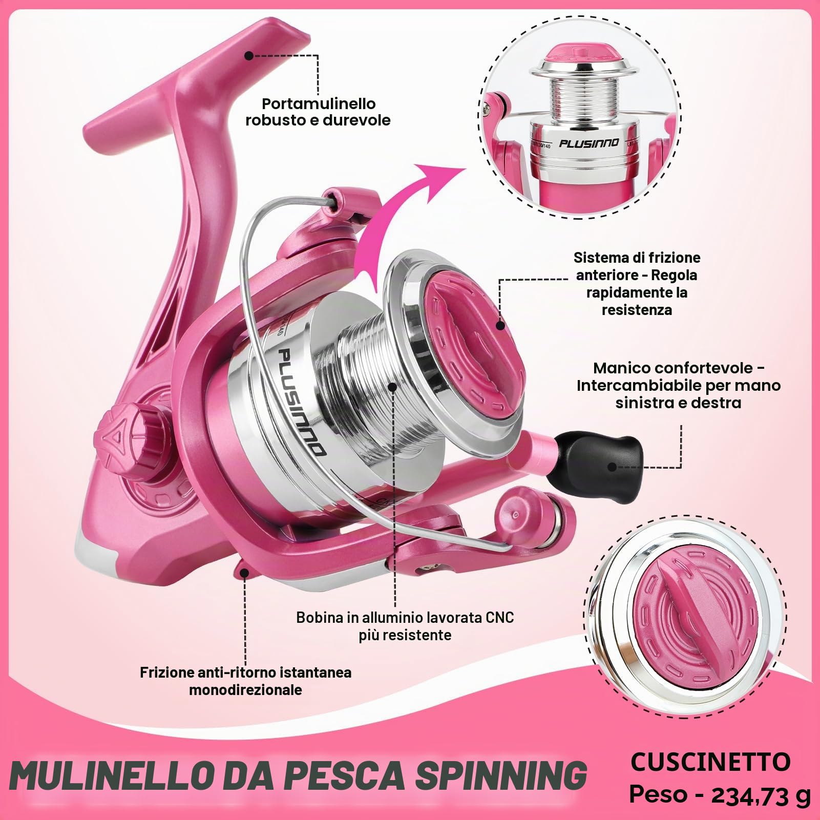 PLUSINNO - Canna da pesca telescopica e mulinello, rosa