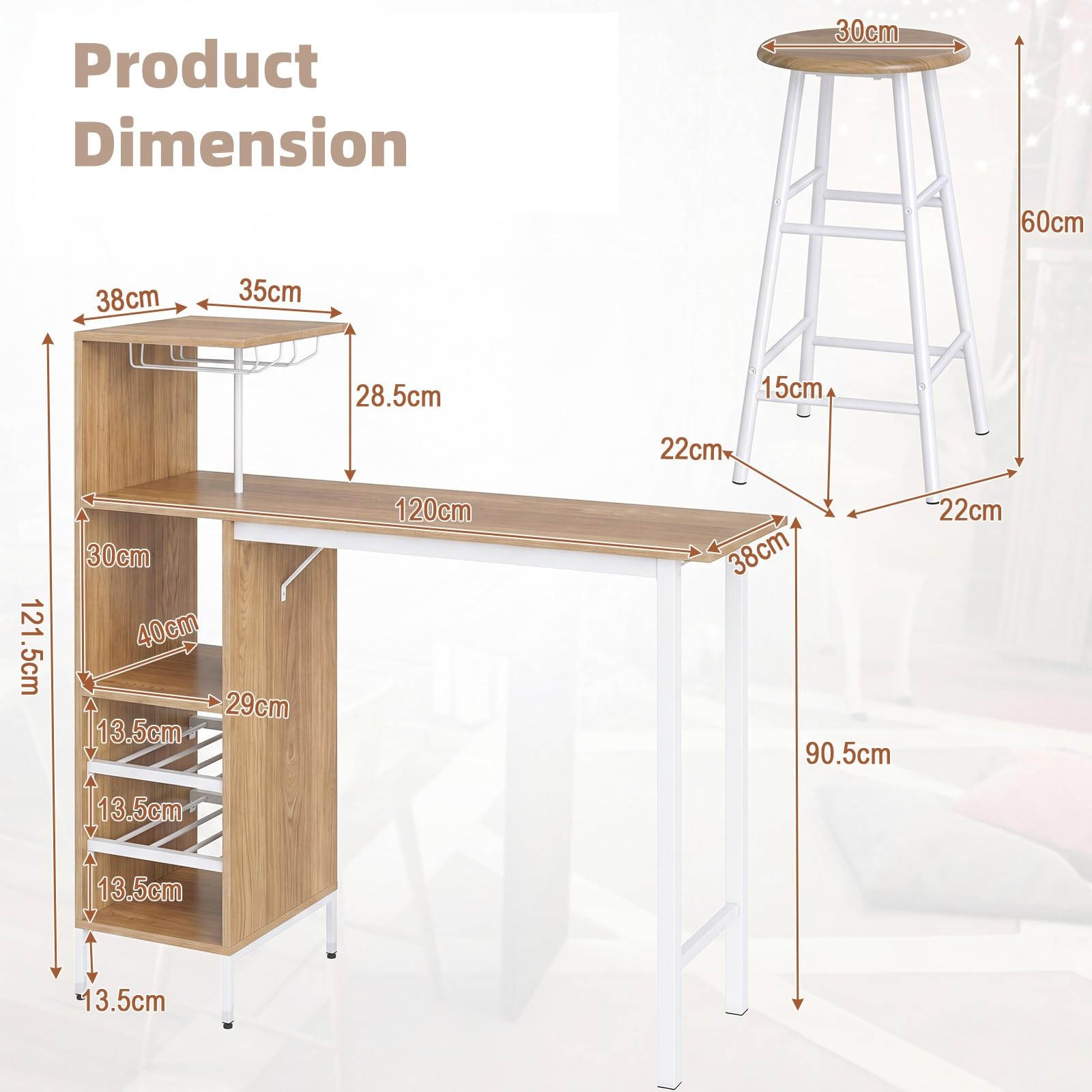 LIFEZEAL Lot Table Bar avec 2 Tabourets, Mange-Debout et Chaises avec Repose-Pieds, Table à Manger avec Porte-gobelet et 5 Étagères, Table Bistrot Acier Industriel, Charge 150kg (Naturel)