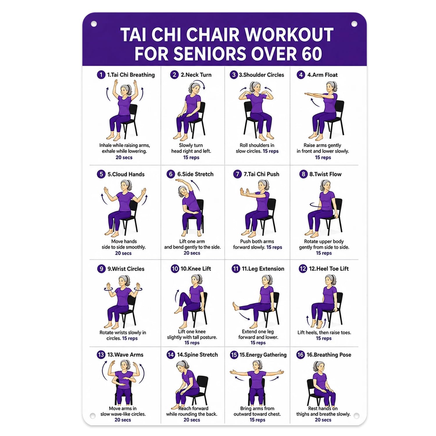 Tai Chi Chair Workout Chart Metal Sign, 7.8 × 11.8 Inch Aluminium Wall Art