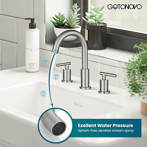 Miniatura 3 de gotonovo Grifo de lavabo de baño de 3 agujeros y 2 manijas con drenaje desplegable con válvulas mezcladoras frías y calientes de 8 pulgadas, níquel