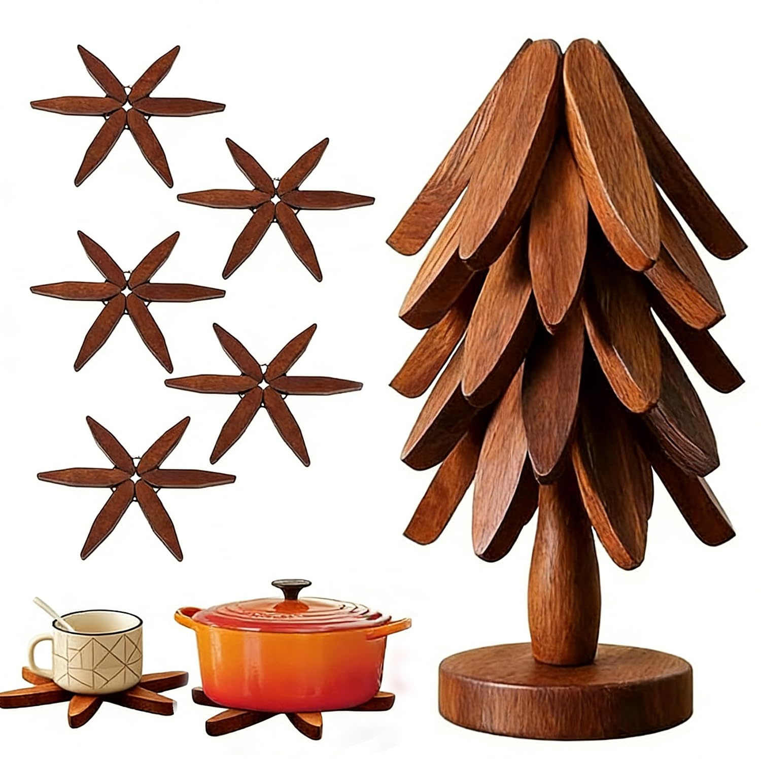 5-Layer Wooden Automatic Shrinking Trivets, Wooden Trivet Tree, Stackable Coasters Set for the insulation of cups, plates, bottles,pots, Home Decoration, Walnut