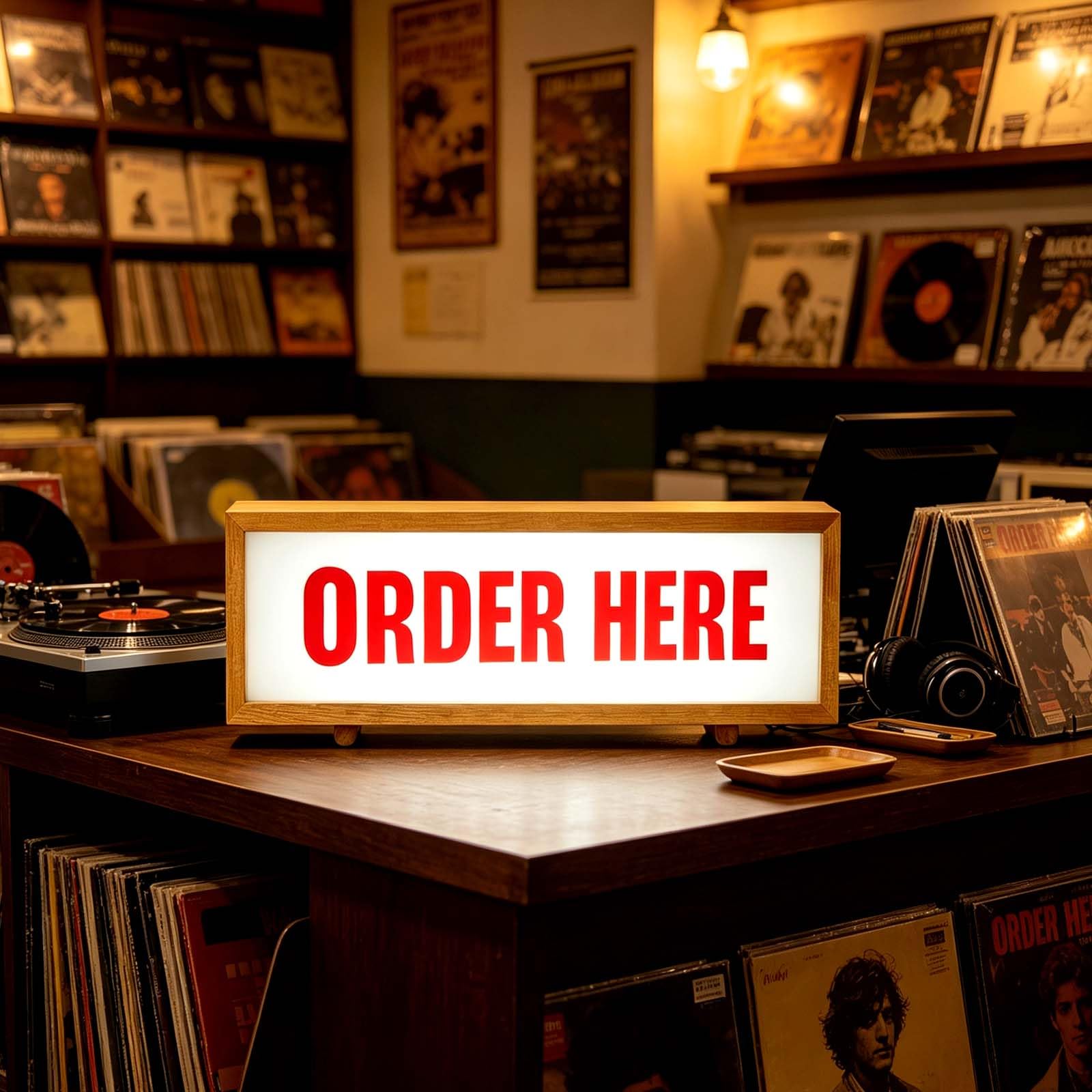 shulovehua Order Here LED Neon Lightbox USB Dimmable Wall Mountable Business Neon Sign Light Up Retro Wood Frame Order Sign for Restaurant Coffee Shop Convenience Store Decor Easy ON/Off