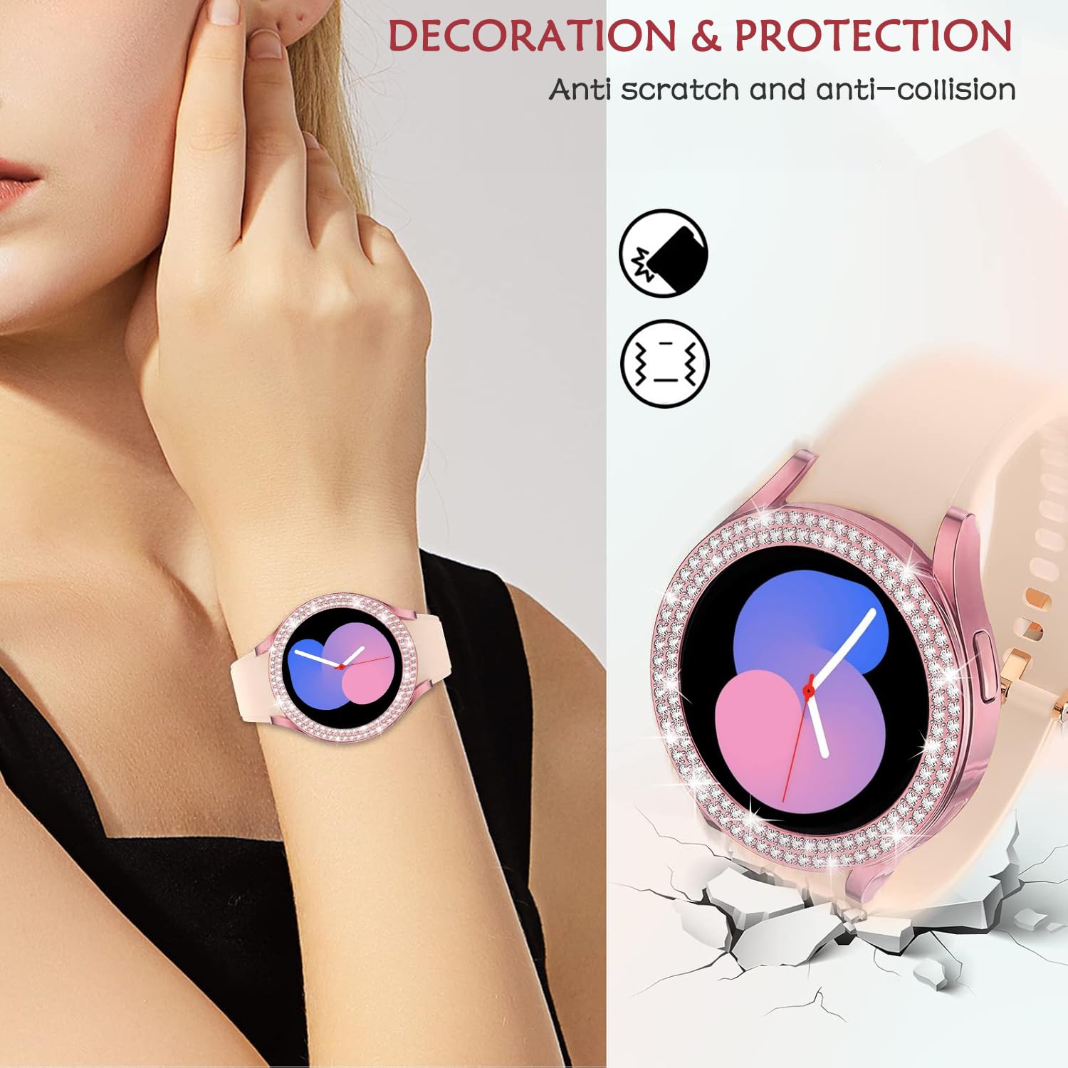 DEALELE [2-PACK] Case Compatible with Samsung Galaxy Watch 5/4 44mm, Bling Single-Row Diamond PC Protective Case Replacement Watch Cover Bumper (44mm, Gold+Transparent) — view 279