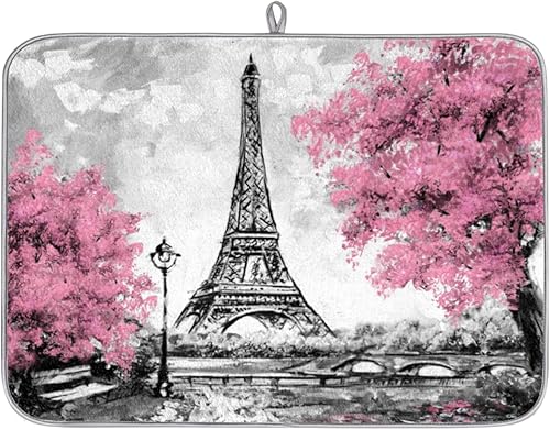 Eiffel Tower Watercolor Dish Drying Mat 16x18 Inch Absorbent Reversible Microfiber Dish for Kitchen Coffee Bar Countertop