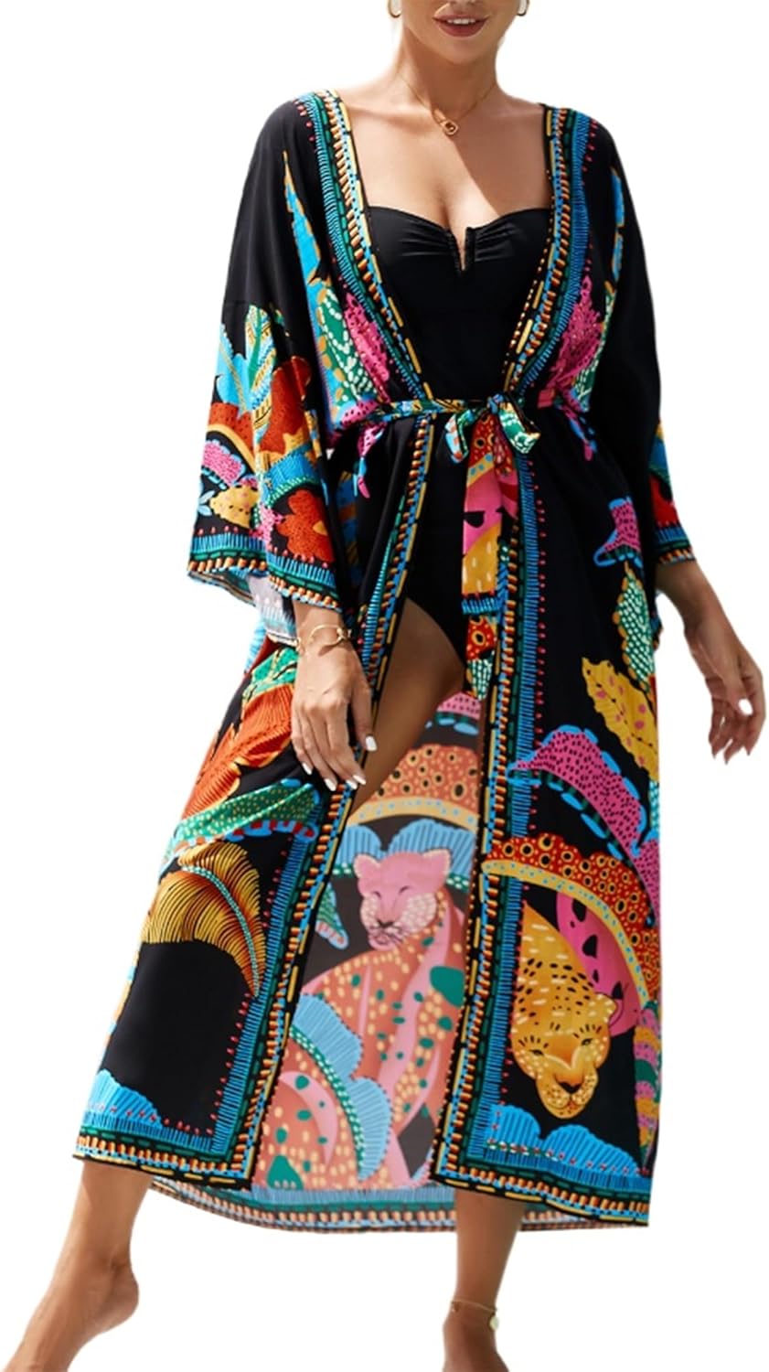 Chunoy Women Loose Long Flowy Open Front Kimono Cardigan Beach Wear Cover Up