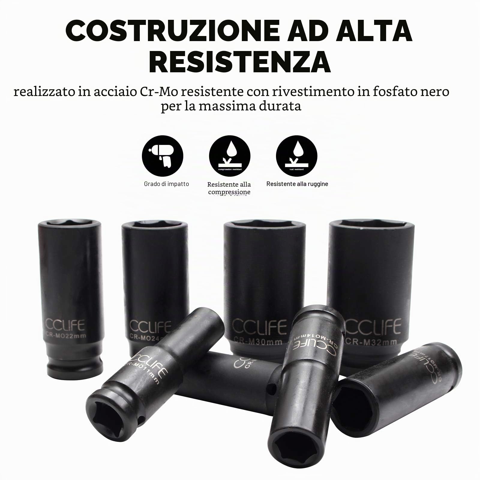CCLIFE Set Bussole a Impatto, Bussole a Impulsi Profondo da 1/2" Prese Metriche Esagonale 10-32 mm, 16 Pezzi