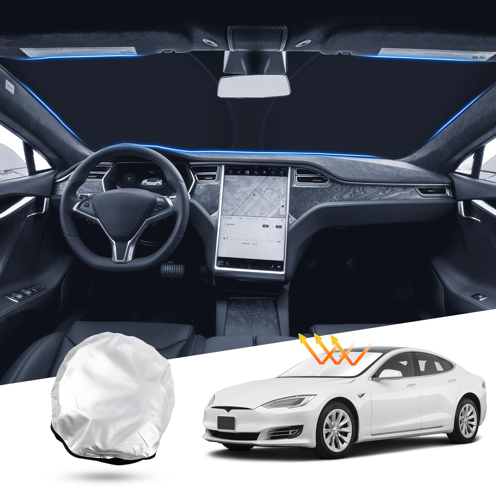 Photo 1 of T TGBROS Windshield Sun Shade Custom Fit for 2012-2023 2024 2025 Tesla Model S Accessories Foldable Sun Shield Reflective Polyester Sun Visor Cover Block Heat and Sun Protection