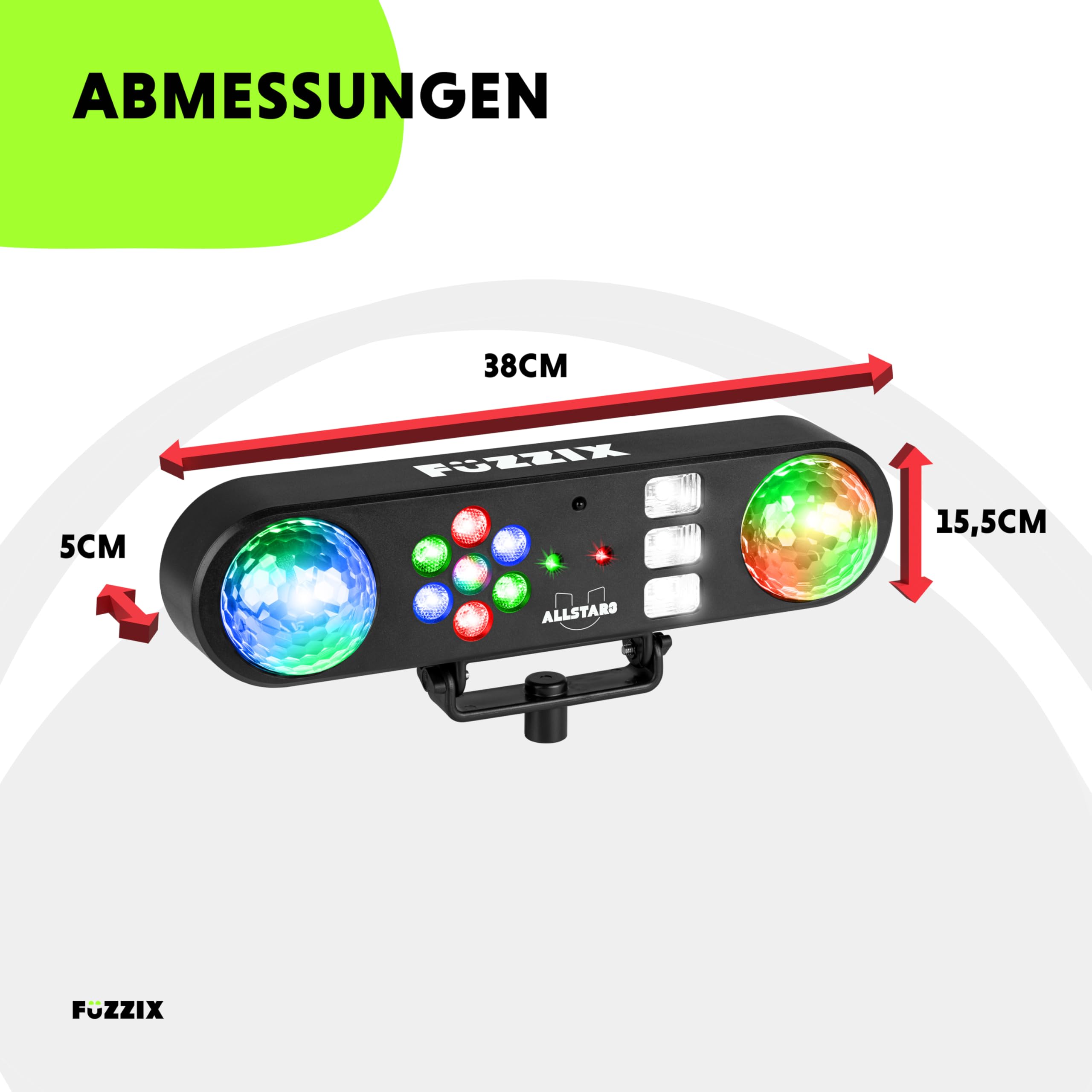Fuzzix AllStar3 LED Disco Licht, Discolicht mit 2x Disko Kugel, UV Stroboskop, Washer, rot/grünes Patern, musikgesteuerte Partybeleuchtung für DJs mit Stativ & Fernbedienung