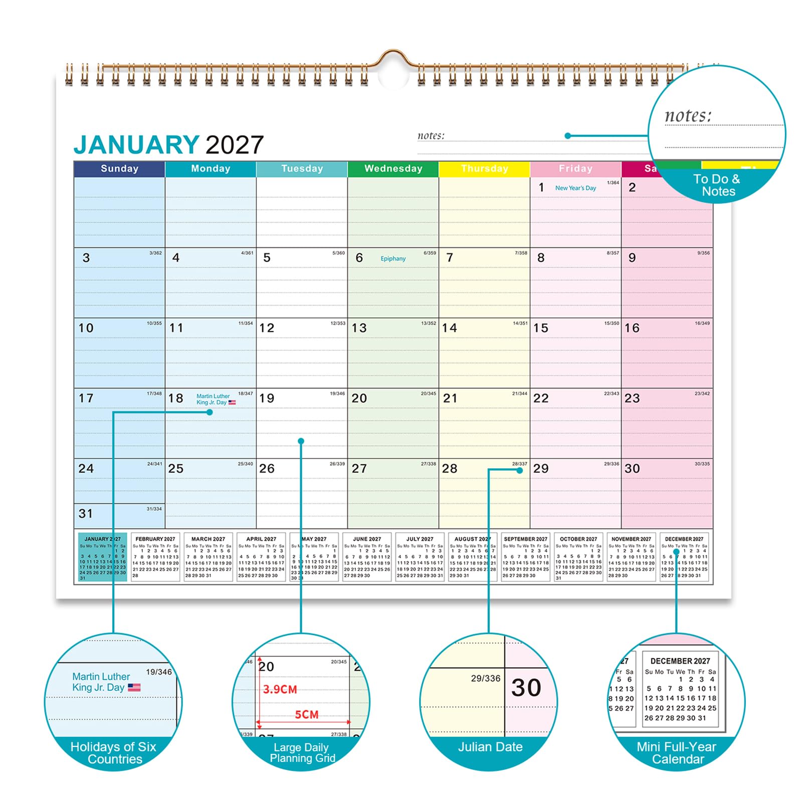 Wandkalender 2026-2027, 18 Monate akademischer Kalender für die Wand, Jun. 2026 - Dez. 2027, 37,8 x 29,8 cm, monatlicher Wandkalender mit dickem Papier für Büro, Zuhause