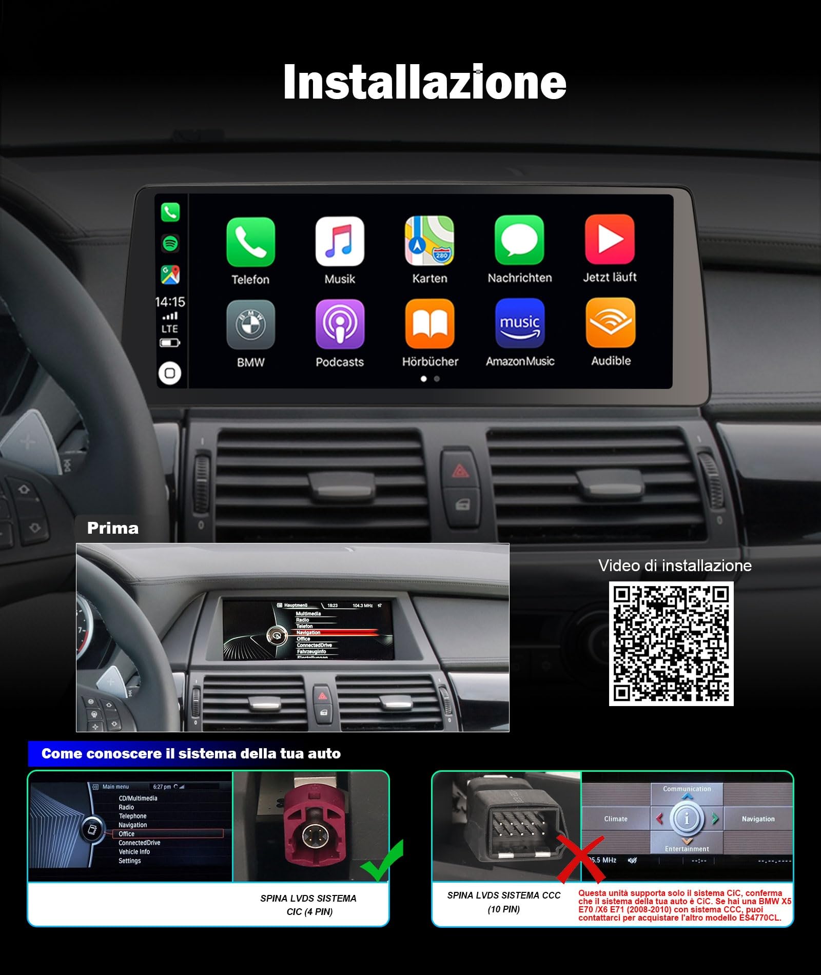 Erisin Android 16 12,3 pollici Qualcomm 8-Core 8GB+128GB Autoradio Navigatore GPS per BMW X5 E70 BMW X6 E71 CIC Schermo tattile iDrive Wireless CarPlay Android Auto Bluetooth 5.1 WiFi Canbus DSP USB