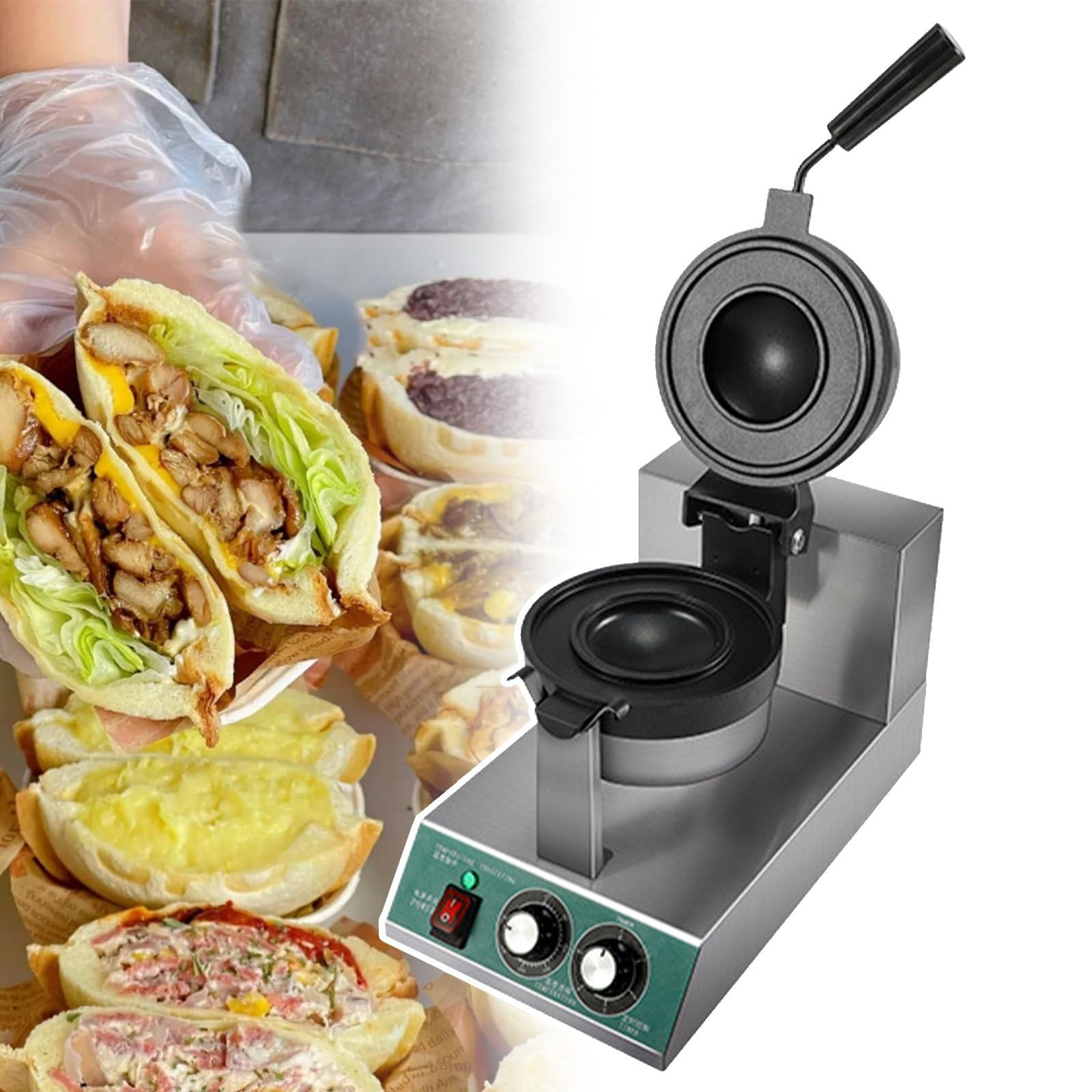 Kommerzieller Burger-Waffel-Bäcker, 1300 W, antihaftbeschichtete elektrische Burger-Presse, Temperaturregelung 50–300 °C, 5-Minuten-Timer, runder Toastie-Maker mit tiefer Füllung,Single