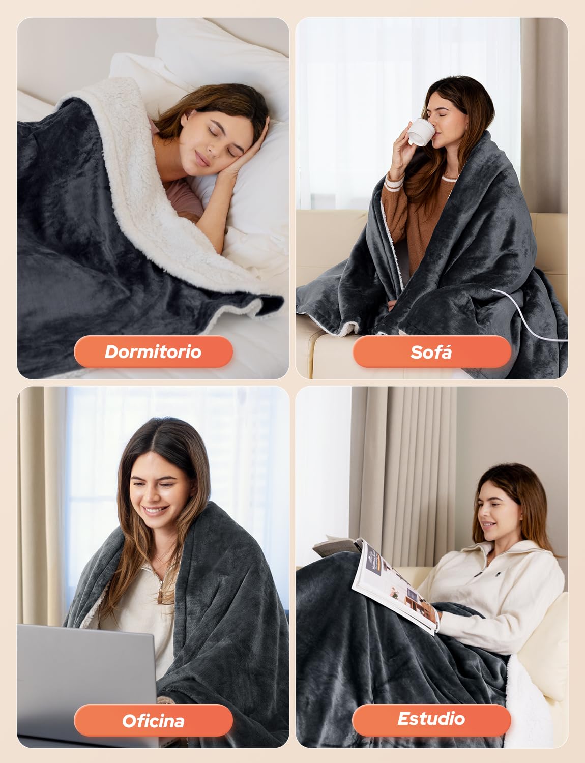 Manta Eléctrica 200x180cm Manta Calefactable 10 Temperaturas 9 Horas Configuraciones de Temporizador Calentamiento Rápido Lavable a Máquina Apagado Automático para Hogar Oficina Gris Oscuro